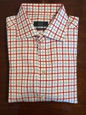 Eton White Dress Shirt with Red and Blue Plaid